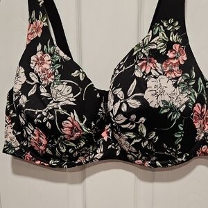 Catherines Black Floral Full-Coverage Underwire Bra with Pink Accents